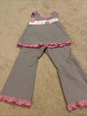 Girls Pink-Trim Gingham Pants Set
